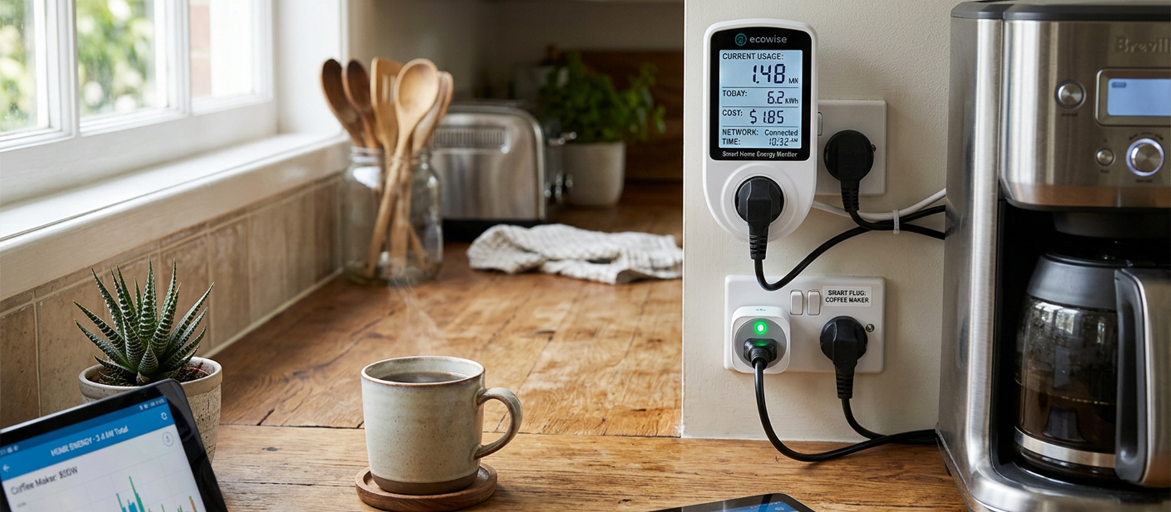 Smart power-saving devices including a power meter and smart plug on a kitchen bench
